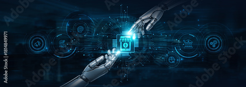 Hold on, robot hands handle M-Commerce and futuristic interface, enabling mobile transactions. Seamless payments. AI enhances shopping experience and digital sales growth.