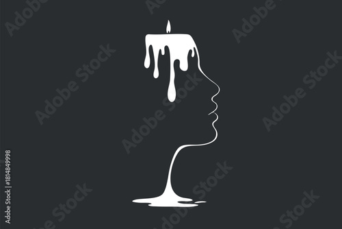 Minimalist black and white vector illustration of a candle melting into a human profile for artistic and design projects