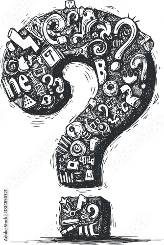 Creative hand-drawn vector illustration of a question mark filled with various icons and symbols for artistic and design purposes