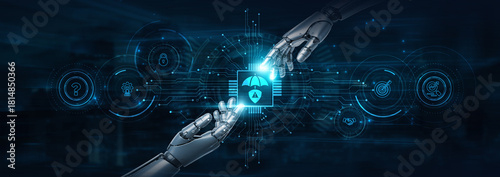 Hold on, robot hands ensure Risk Management and futuristic interface, monitoring threats. Predictive analysis. Smart alerts protect organizations and mitigate financial and operational risks.