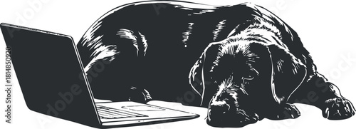 Stylized vector illustration of a sleeping dog beside a laptop, perfect for home office and pet care themes