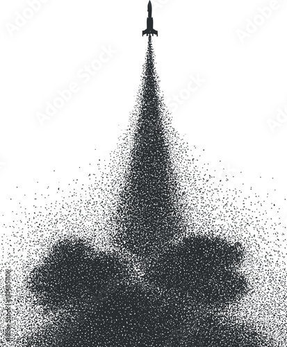 Abstract black and white vector illustration of a rocket launching with a cloud of particles, ideal for technology and innovation themes