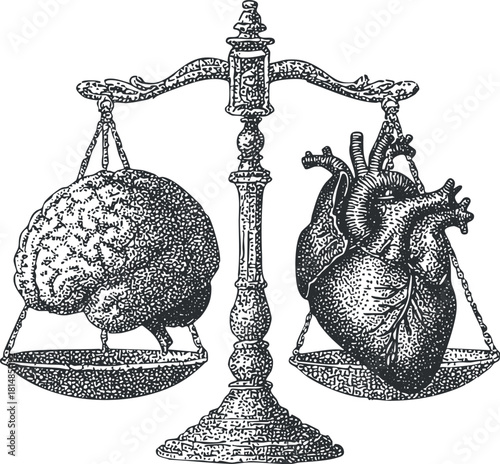 Vintage illustration of a balance scale featuring a brain and heart, symbolizing the equilibrium between intellect and emotion.
