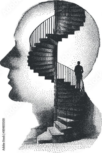 Abstract vector illustration of a human profile with a staircase symbolizing mental exploration and introspection