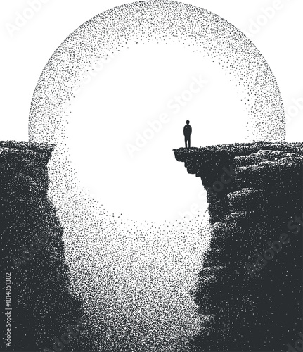 Minimalist black and white vector illustration of a solitary figure standing on a cliff against a large sun, ideal for art and design projects.