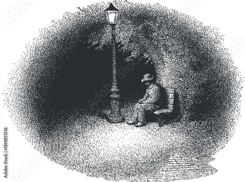 Vintage black and white illustration of a solitary man sitting on a bench under a street lamp in a park setting