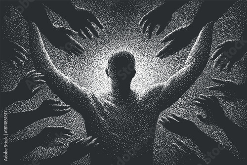 Abstract vector illustration of a silhouetted figure surrounded by reaching hands, symbolizing support and connection in a modern style