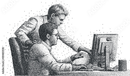 Pointillist vector illustration of two professionals collaborating at a computer in an office setting for business and teamwork themes