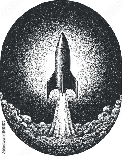 Vintage black and white vector illustration of a rocket launching into space, symbolizing exploration and adventure.