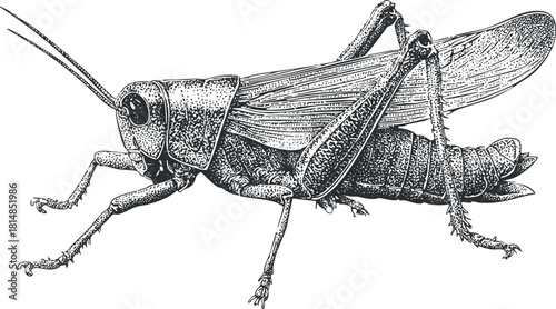 Detailed black and white vector illustration of a grasshopper showcasing its anatomy for educational and artistic purposes