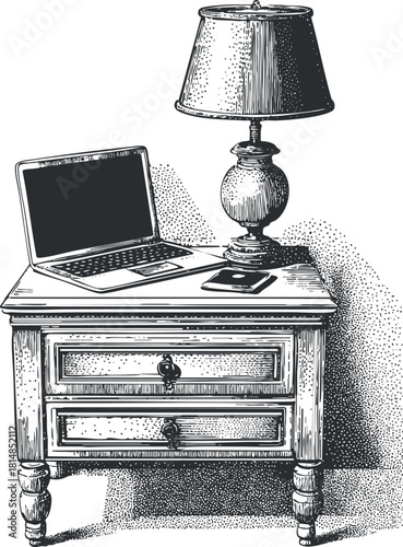 Detailed vintage vector illustration of a bedside table with a lamp and laptop for interior design projects
