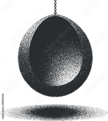 Geometric black and white vector illustration of a suspended egg shape hanging from a chain for minimalist design projects