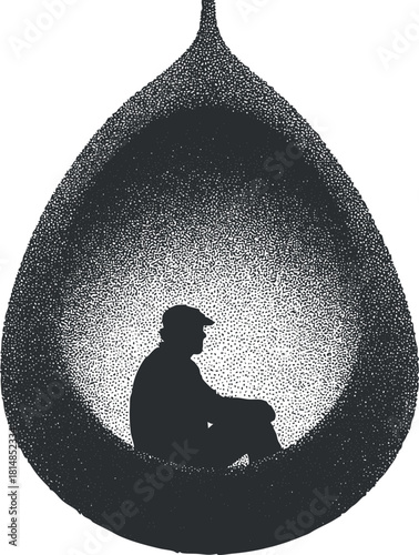 Minimalist vector illustration of a silhouette sitting contemplatively inside a drop-shaped outline, symbolizing introspection and solitude