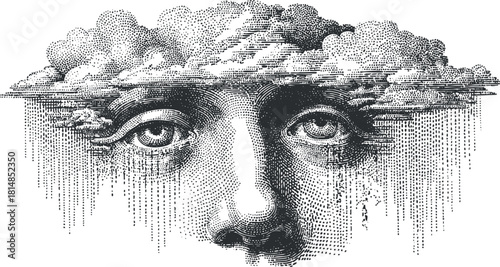 Surreal black and white vector illustration of a face with clouds above, representing thoughts and emotions for artistic projects