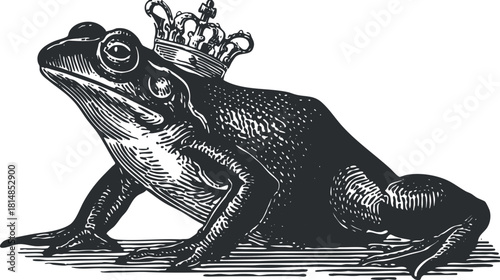 Vintage black and white vector illustration of a frog wearing a crown, perfect for whimsical design projects and storytelling.
