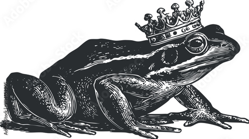 Vintage black and white vector illustration of a crowned frog, symbolizing whimsy and royalty for creative projects