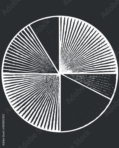 Abstract black and white vector illustration of a geometric circle divided into segments with radial lines for modern design projects
