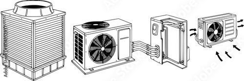 Air conditioning, condenser, ventilation, system, industrial, technology, equipment, engineering, outline, line art, monochrome, black-and-white, vector, illustration, drawing, graphic, design, constr