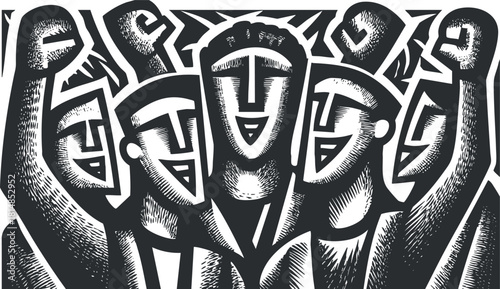 Bold black and white vector illustration depicting a group of diverse individuals celebrating unity and solidarity in a powerful expression of community.