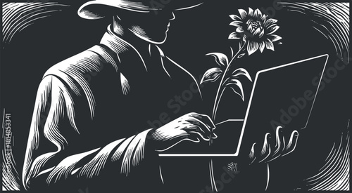 Stylized black and white vector illustration of a man using a laptop while holding a flower, symbolizing creativity and nature in technology