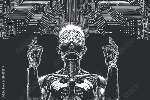 Futuristic vector illustration depicting a cyborg with a brain and circuits, symbolizing artificial intelligence and technology.