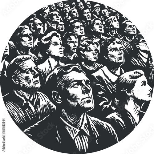 Stylized black and white vector illustration of a crowd of people in an audience, capturing expressions and attention for artistic projects.