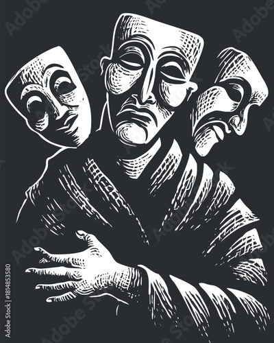 Stylized black and white vector illustration depicting the complexity of emotions with theatrical masks and human figures