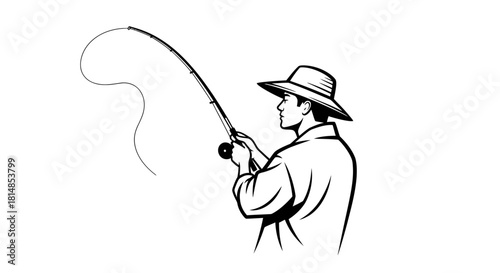 Fisherman casting a line with a fishing rod in a classic black and white illustration style.