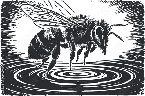 Detailed black and white woodcut illustration of a bee hovering over rippling water, ideal for nature-themed projects and environmental awareness.