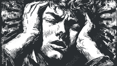 Dramatic black and white vector illustration depicting a man expressing intense emotional distress and anxiety, ideal for mental health themes.