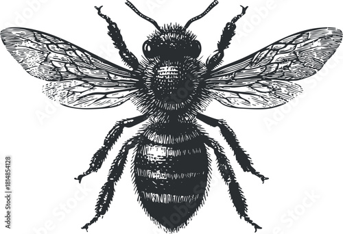 Detailed vintage vector illustration of a bee, showcasing its intricate wings and body structure, ideal for nature-themed projects.