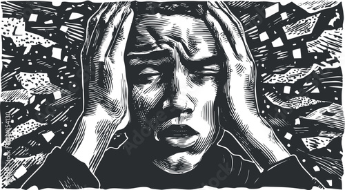 Expressive black and white vector illustration depicting a person holding their head in distress, symbolizing mental health struggles and anxiety