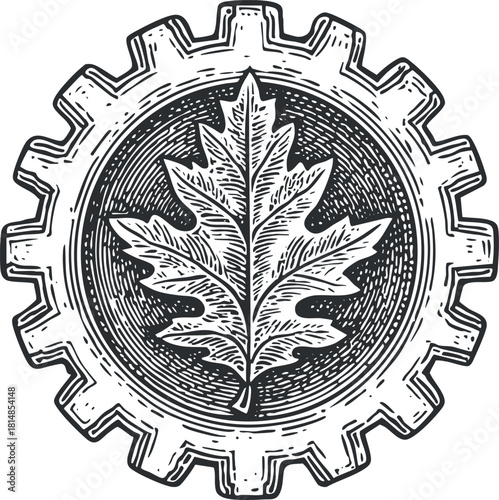 Vintage black and white vector illustration of a leaf enclosed within a gear, symbolizing the fusion of nature and technology