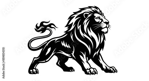 Powerful black and white lion emblem in a regal pose.