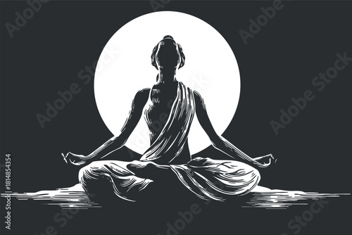 Elegant silhouette vector illustration of a meditating figure in front of a full moon, symbolizing tranquility and mindfulness.