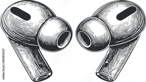 Detailed vintage vector illustration of wireless earbuds, perfect for technology and audio-related projects