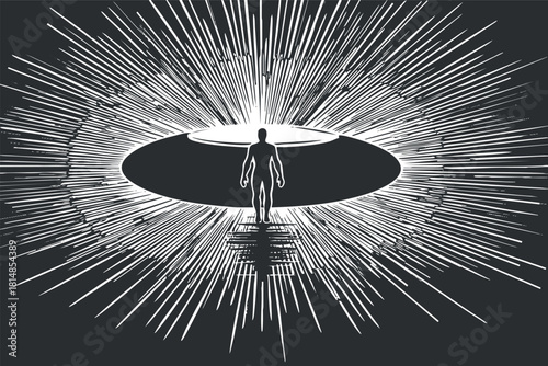 Abstract vector illustration of a human silhouette emerging from a radiant light source, symbolizing transformation and enlightenment.