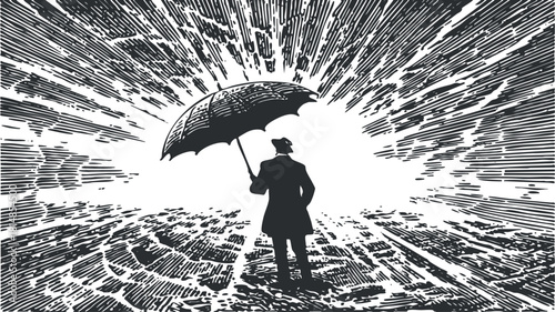 Stylized black and white vector illustration of a man holding an umbrella against a dynamic background, ideal for artistic projects