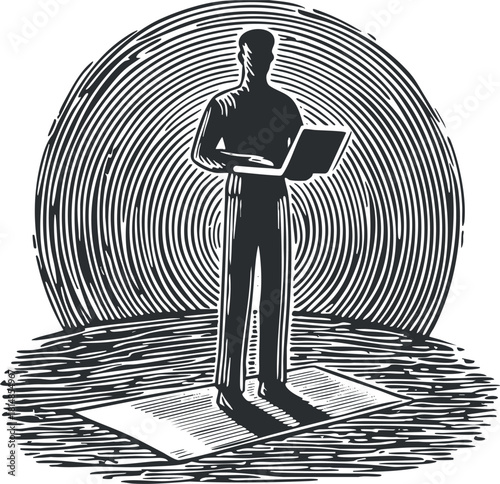 Stylized vector illustration of a man with a laptop standing on a platform, symbolizing innovation and digital workspace.