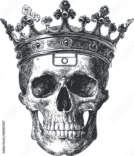 Intricate black and white vector illustration of a skull adorned with a crown, ideal for gothic art and tattoo designs