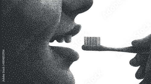 Minimalist black and white vector illustration of a person brushing their teeth for dental hygiene awareness and health concepts