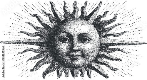 Vintage dot-style vector illustration of a celestial sun with rays and a smiling face, ideal for decorative and artistic projects