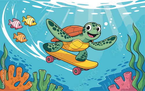 Playful sea turtle skateboarding underwater with colorful fish, coral reef plants, joyful ocean scene, fun aquatic adventure – flat vector illustration