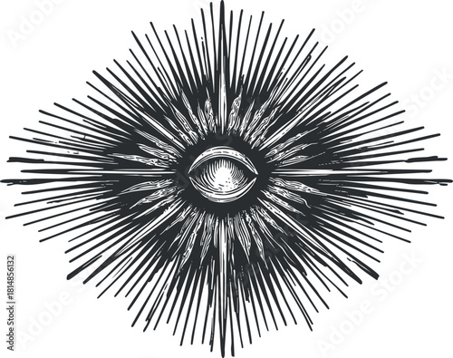 Detailed vintage vector illustration of an eye surrounded by rays, ideal for mystical and spiritual design projects