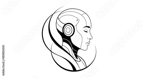 Elegant black and white line art of a futuristic cyborg woman.