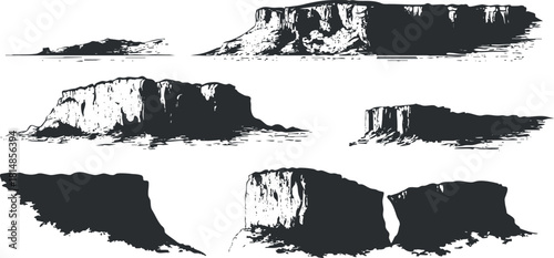 Stylized black and white vector illustration of various cliff formations, ideal for landscape design, nature projects, or outdoor-themed graphics
