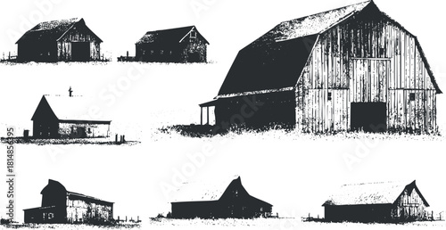 Silhouette vector illustration set of various barns in black and white, perfect for rural and agricultural design projects