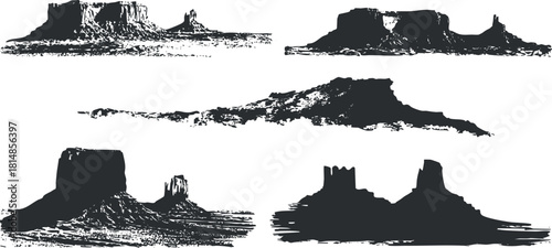 Silhouette vector illustration set featuring iconic desert landscapes and rock formations for outdoor and adventure themes