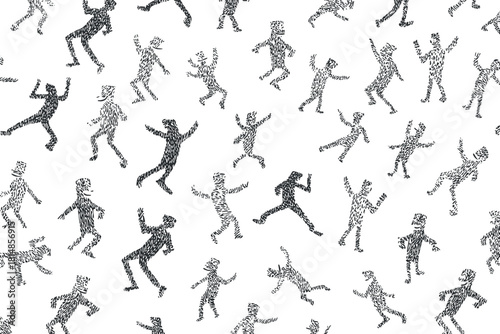 Dynamic pattern featuring diverse dancing figures in a playful black and white illustration for creative and artistic projects