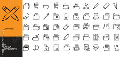 Stationery line art, editable stroke, office icons, writing sketch, desk outline, black and white, vector illustration